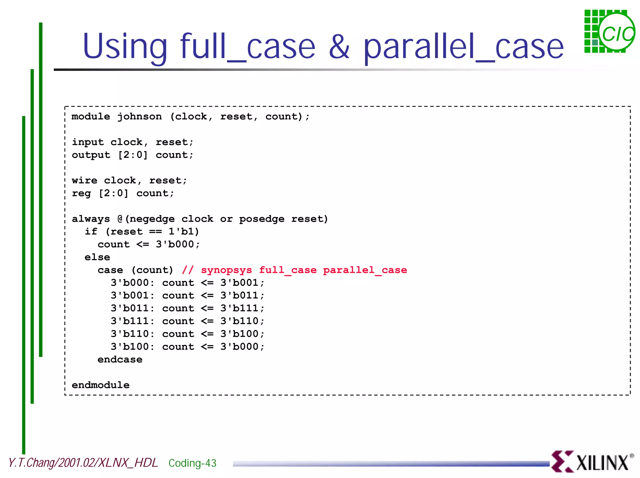 Using full_case & parallel_case CIC module johnson (clock, reset, count); input clock, reset; output [2:0] count; wire clock, reset; reg [2:0] count; always @(negedge clock or posedge reset) if (reset == 1'b1) count <= 3'b000; else case (count) // synopsys full_case parallel_case 3'b000: count <= 3'b001; 3'b001: count <= 3'b011; 3'b011: count <= 3'b111; 3'b111: count <= 3'b110; 3'b110: count <= 3'b100; 3'b100: count <= 3'b000; endcase endmodule Y.T.Chang/2001.02/XLNX_HDL Coding-43 