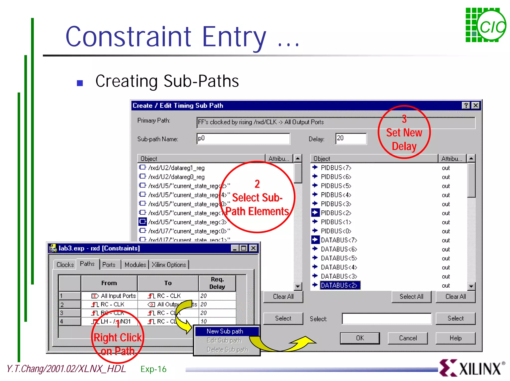 Constraint Entry ... CIC ! Creating Sub-Paths 3 Set New Delay 2 Select Sub- Path Elements 1 Right Click on Path Y.T.Chang/2001.02/XLNX_HDL Exp-16 
