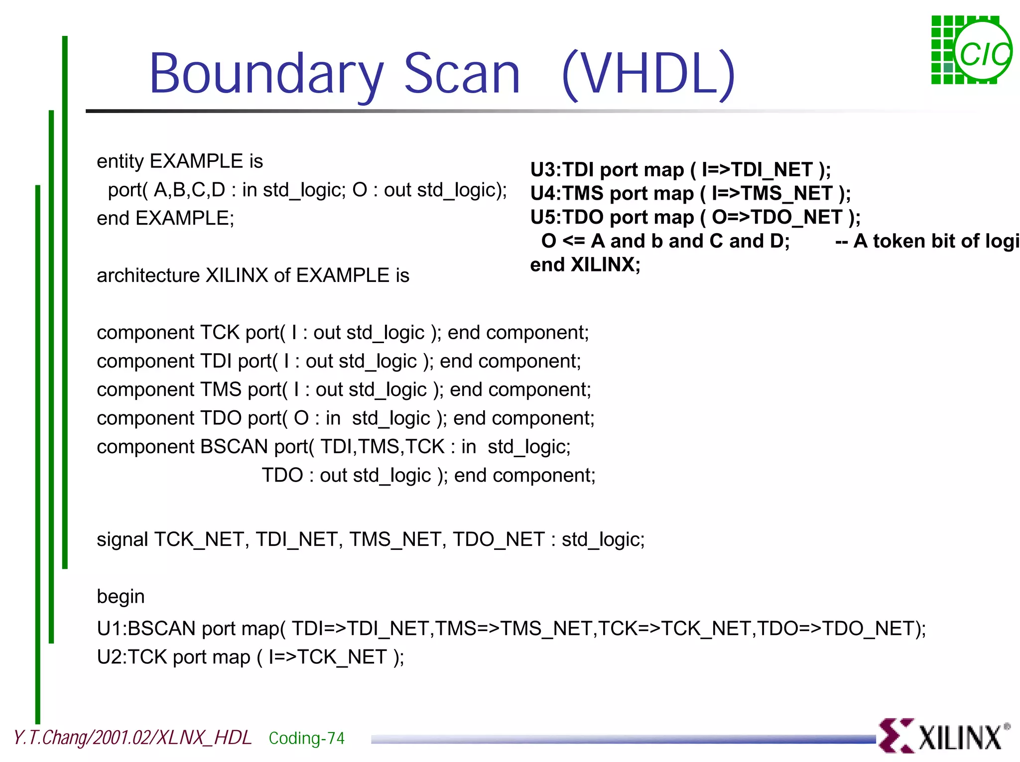 Boundary Scan (VHDL) CIC entity EXAMPLE is U3:TDI port map ( I=>TDI_NET ); port( A,B,C,D : in std_logic; O : out std_logic); U4:TMS port map ( I=>TMS_NET ); end EXAMPLE; U5:TDO port map ( O=>TDO_NET ); O <= A and b and C and D; -- A token bit of logic end XILINX; architecture XILINX of EXAMPLE is component TCK port( I : out std_logic ); end component; component TDI port( I : out std_logic ); end component; component TMS port( I : out std_logic ); end component; component TDO port( O : in std_logic ); end component; component BSCAN port( TDI,TMS,TCK : in std_logic; TDO : out std_logic ); end component; signal TCK_NET, TDI_NET, TMS_NET, TDO_NET : std_logic; begin U1:BSCAN port map( TDI=>TDI_NET,TMS=>TMS_NET,TCK=>TCK_NET,TDO=>TDO_NET); U2:TCK port map ( I=>TCK_NET ); Y.T.Chang/2001.02/XLNX_HDL Coding-74 
