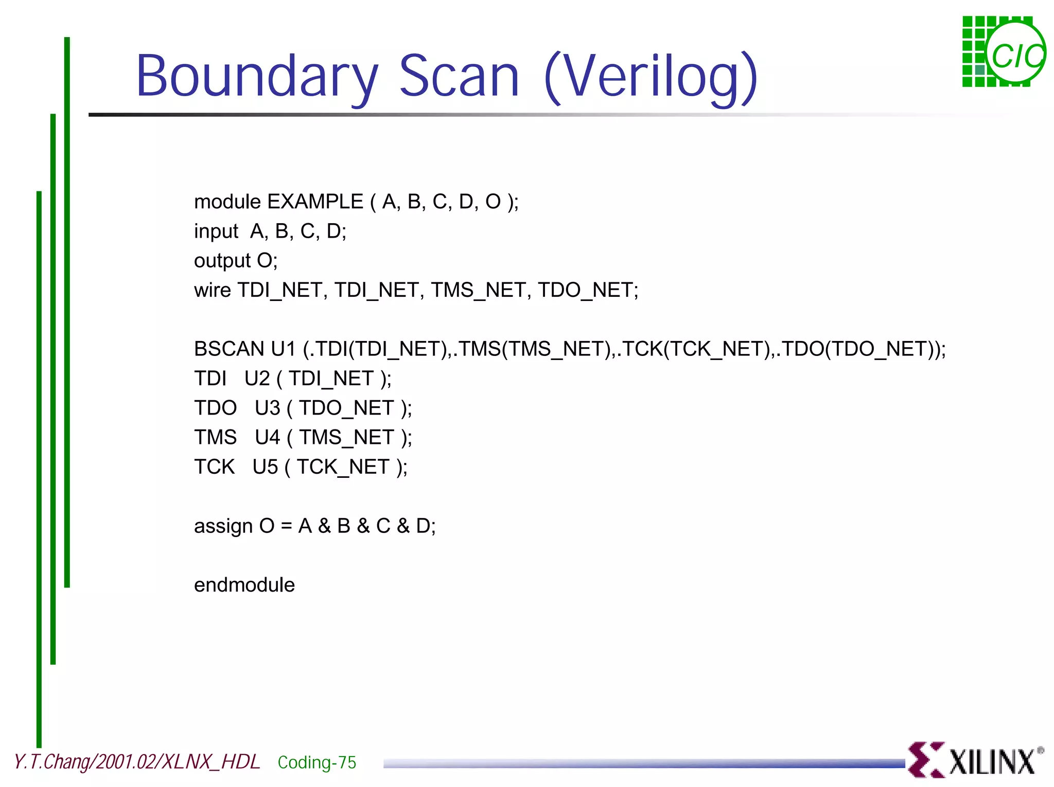 Boundary Scan (Verilog) CIC module EXAMPLE ( A, B, C, D, O ); input A, B, C, D; output O; wire TDI_NET, TDI_NET, TMS_NET, TDO_NET; BSCAN U1 (.TDI(TDI_NET),.TMS(TMS_NET),.TCK(TCK_NET),.TDO(TDO_NET)); TDI U2 ( TDI_NET ); TDO U3 ( TDO_NET ); TMS U4 ( TMS_NET ); TCK U5 ( TCK_NET ); assign O = A & B & C & D; endmodule Y.T.Chang/2001.02/XLNX_HDL Coding-75 