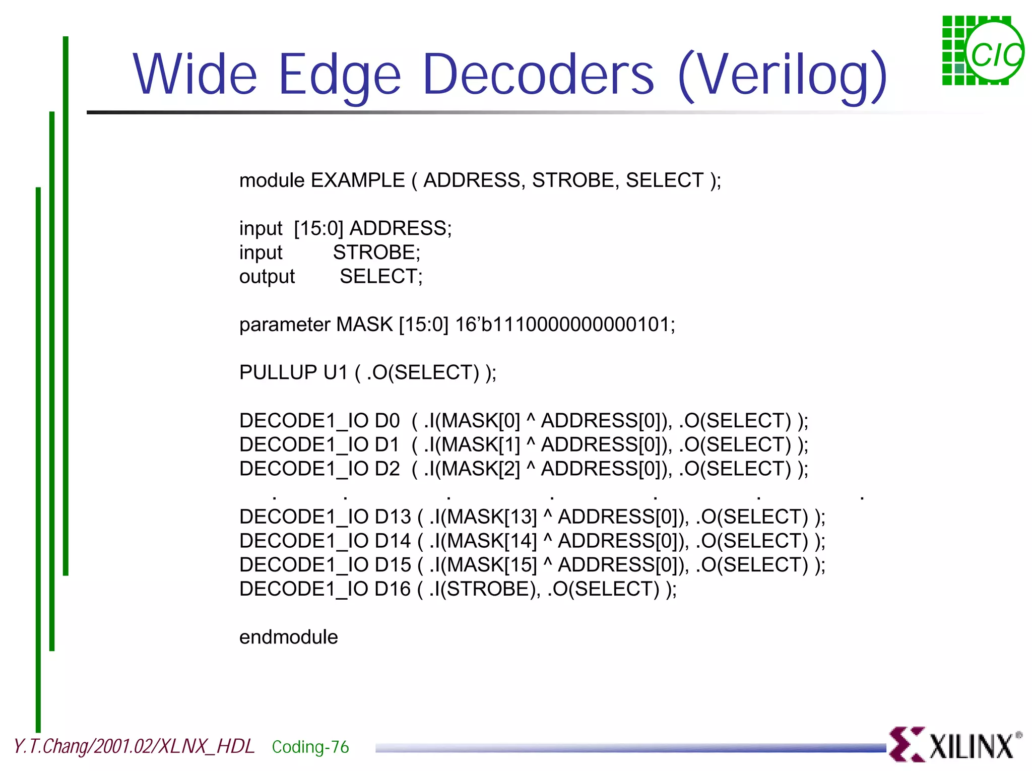 Wide Edge Decoders (Verilog) CIC module EXAMPLE ( ADDRESS, STROBE, SELECT ); input [15:0] ADDRESS; input STROBE; output SELECT; parameter MASK [15:0] 16’b1110000000000101; PULLUP U1 ( .O(SELECT) ); DECODE1_IO D0 ( .I(MASK[0] ^ ADDRESS[0]), .O(SELECT) ); DECODE1_IO D1 ( .I(MASK[1] ^ ADDRESS[0]), .O(SELECT) ); DECODE1_IO D2 ( .I(MASK[2] ^ ADDRESS[0]), .O(SELECT) ); . . . . . . . DECODE1_IO D13 ( .I(MASK[13] ^ ADDRESS[0]), .O(SELECT) ); DECODE1_IO D14 ( .I(MASK[14] ^ ADDRESS[0]), .O(SELECT) ); DECODE1_IO D15 ( .I(MASK[15] ^ ADDRESS[0]), .O(SELECT) ); DECODE1_IO D16 ( .I(STROBE), .O(SELECT) ); endmodule Y.T.Chang/2001.02/XLNX_HDL Coding-76 