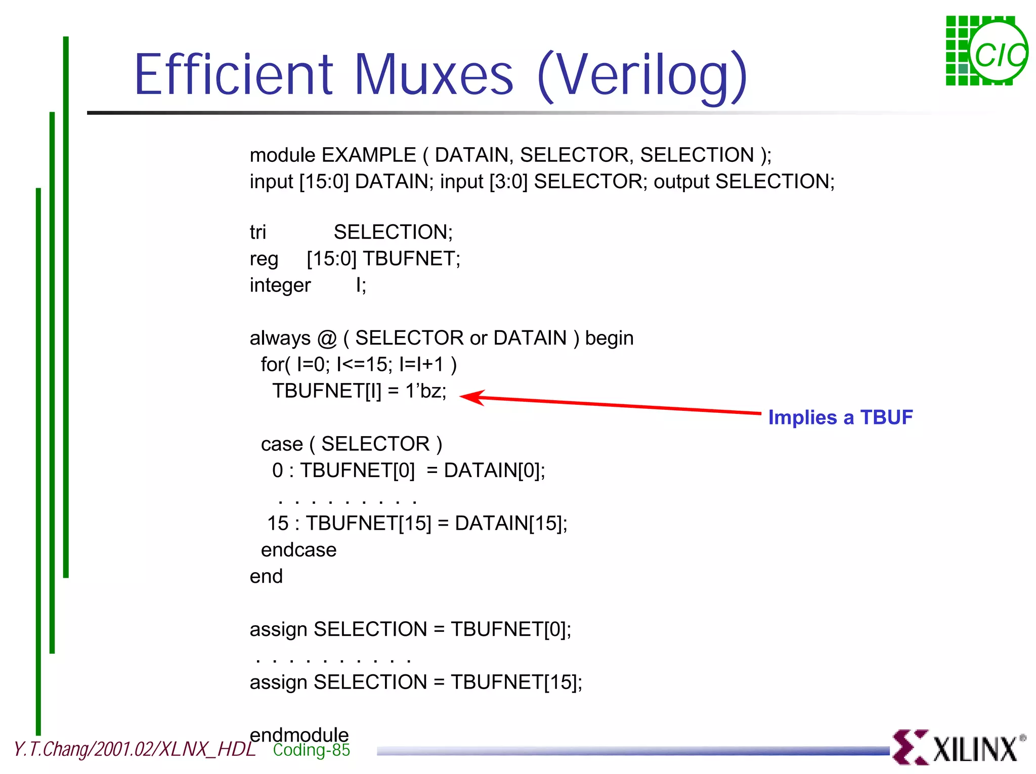 Efficient Muxes (Verilog) CIC module EXAMPLE ( DATAIN, SELECTOR, SELECTION ); input [15:0] DATAIN; input [3:0] SELECTOR; output SELECTION; tri SELECTION; reg [15:0] TBUFNET; integer I; always @ ( SELECTOR or DATAIN ) begin for( I=0; I<=15; I=I+1 ) TBUFNET[I] = 1’bz; Implies a TBUF case ( SELECTOR ) 0 : TBUFNET[0] = DATAIN[0]; . . . . . . . . . 15 : TBUFNET[15] = DATAIN[15]; endcase end assign SELECTION = TBUFNET[0]; . . . . . . . . . . assign SELECTION = TBUFNET[15]; endmodule Y.T.Chang/2001.02/XLNX_HDL Coding-85 