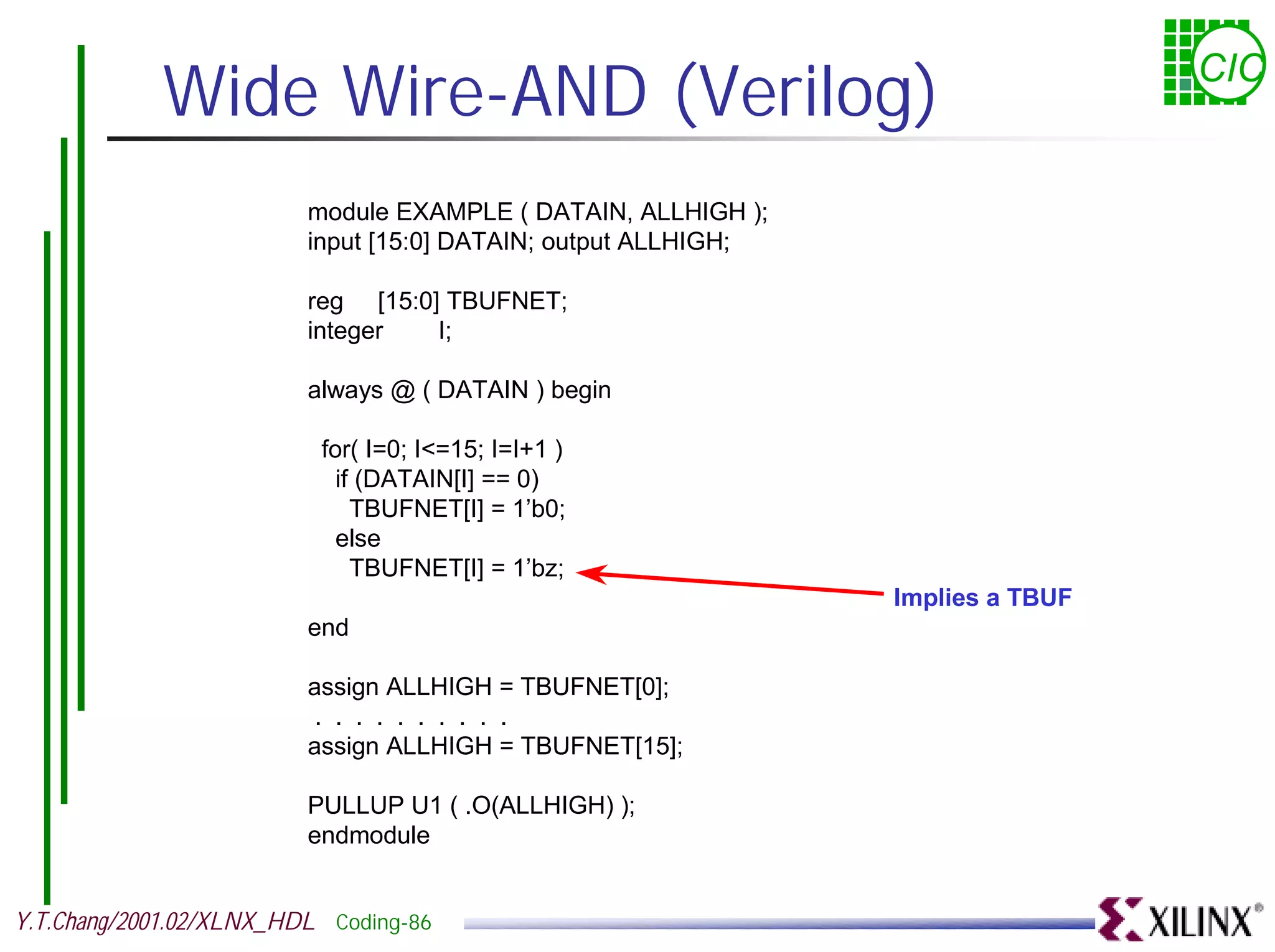 Wide Wire-AND (Verilog) CIC module EXAMPLE ( DATAIN, ALLHIGH ); input [15:0] DATAIN; output ALLHIGH; reg [15:0] TBUFNET; integer I; always @ ( DATAIN ) begin for( I=0; I<=15; I=I+1 ) if (DATAIN[I] == 0) TBUFNET[I] = 1’b0; else TBUFNET[I] = 1’bz; Implies a TBUF end assign ALLHIGH = TBUFNET[0]; . . . . . . . . . . assign ALLHIGH = TBUFNET[15]; PULLUP U1 ( .O(ALLHIGH) ); endmodule Y.T.Chang/2001.02/XLNX_HDL Coding-86 