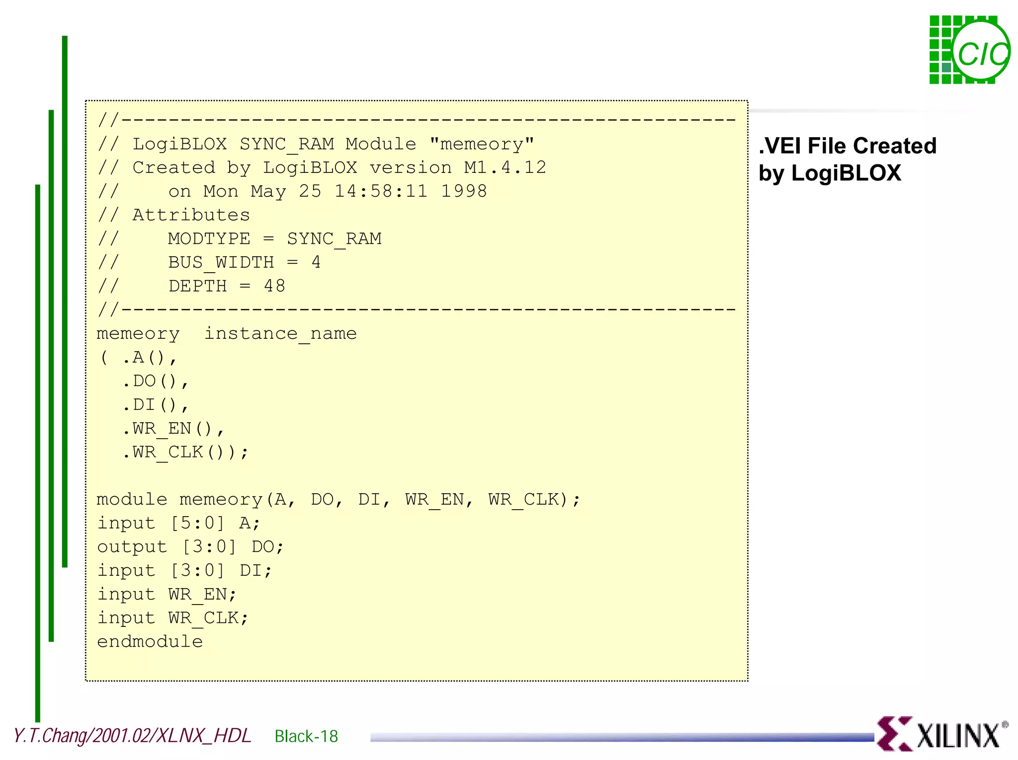CIC //---------------------------------------------------- // LogiBLOX SYNC_RAM Module "memeory" .VEI File Created // Created by LogiBLOX version M1.4.12 by LogiBLOX // on Mon May 25 14:58:11 1998 // Attributes // MODTYPE = SYNC_RAM // BUS_WIDTH = 4 // DEPTH = 48 //---------------------------------------------------- memeory instance_name ( .A(), .DO(), .DI(), .WR_EN(), .WR_CLK()); module memeory(A, DO, DI, WR_EN, WR_CLK); input [5:0] A; output [3:0] DO; input [3:0] DI; input WR_EN; input WR_CLK; endmodule Y.T.Chang/2001.02/XLNX_HDL Black-18 