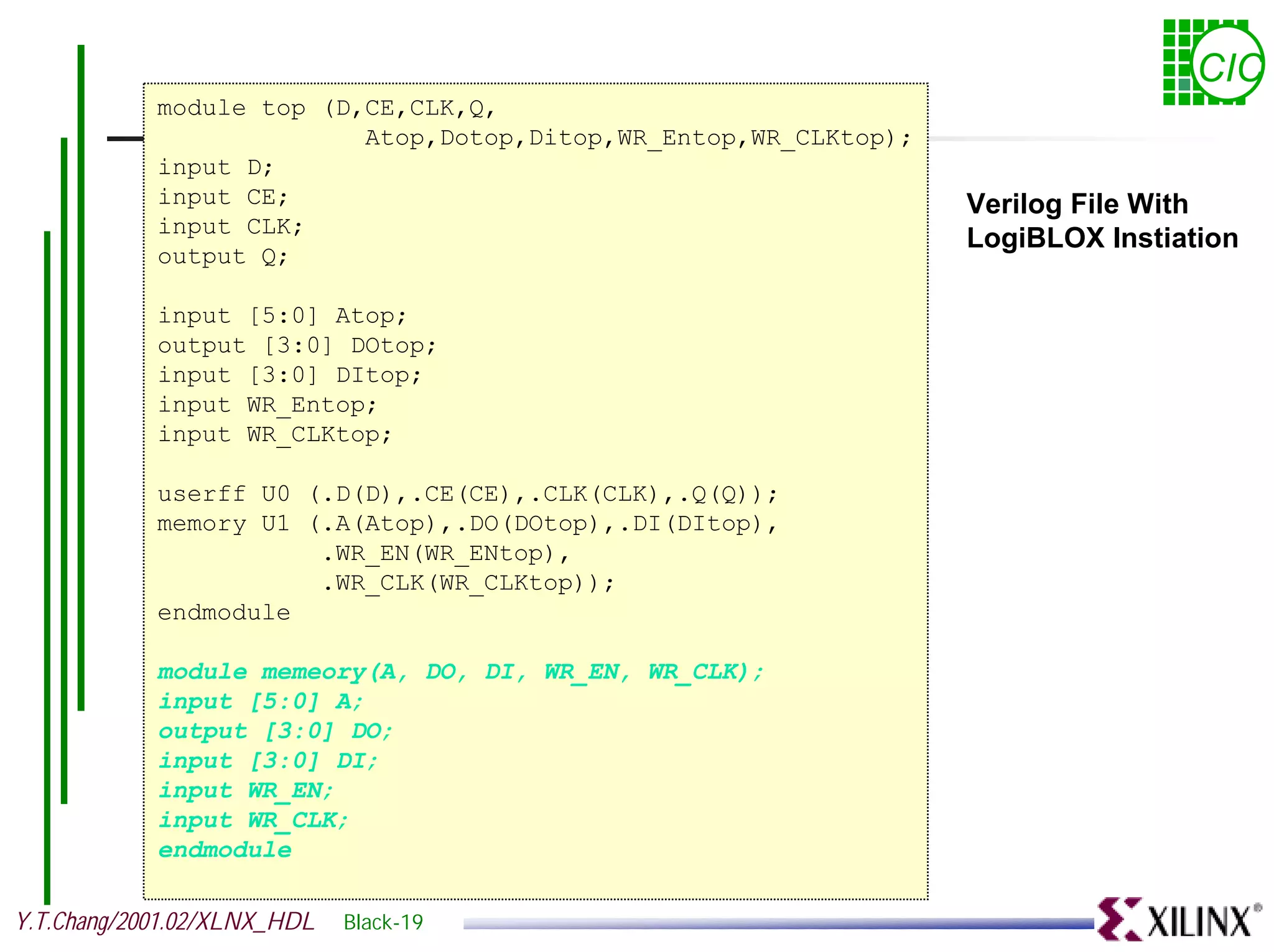 CIC module top (D,CE,CLK,Q, Atop,Dotop,Ditop,WR_Entop,WR_CLKtop); input D; input CE; Verilog File With input CLK; LogiBLOX Instiation output Q; input [5:0] Atop; output [3:0] DOtop; input [3:0] DItop; input WR_Entop; input WR_CLKtop; userff U0 (.D(D),.CE(CE),.CLK(CLK),.Q(Q)); memory U1 (.A(Atop),.DO(DOtop),.DI(DItop), .WR_EN(WR_ENtop), .WR_CLK(WR_CLKtop)); endmodule module memeory(A, DO, DI, WR_EN, WR_CLK); input [5:0] A; output [3:0] DO; input [3:0] DI; input WR_EN; input WR_CLK; endmodule Y.T.Chang/2001.02/XLNX_HDL Black-19 