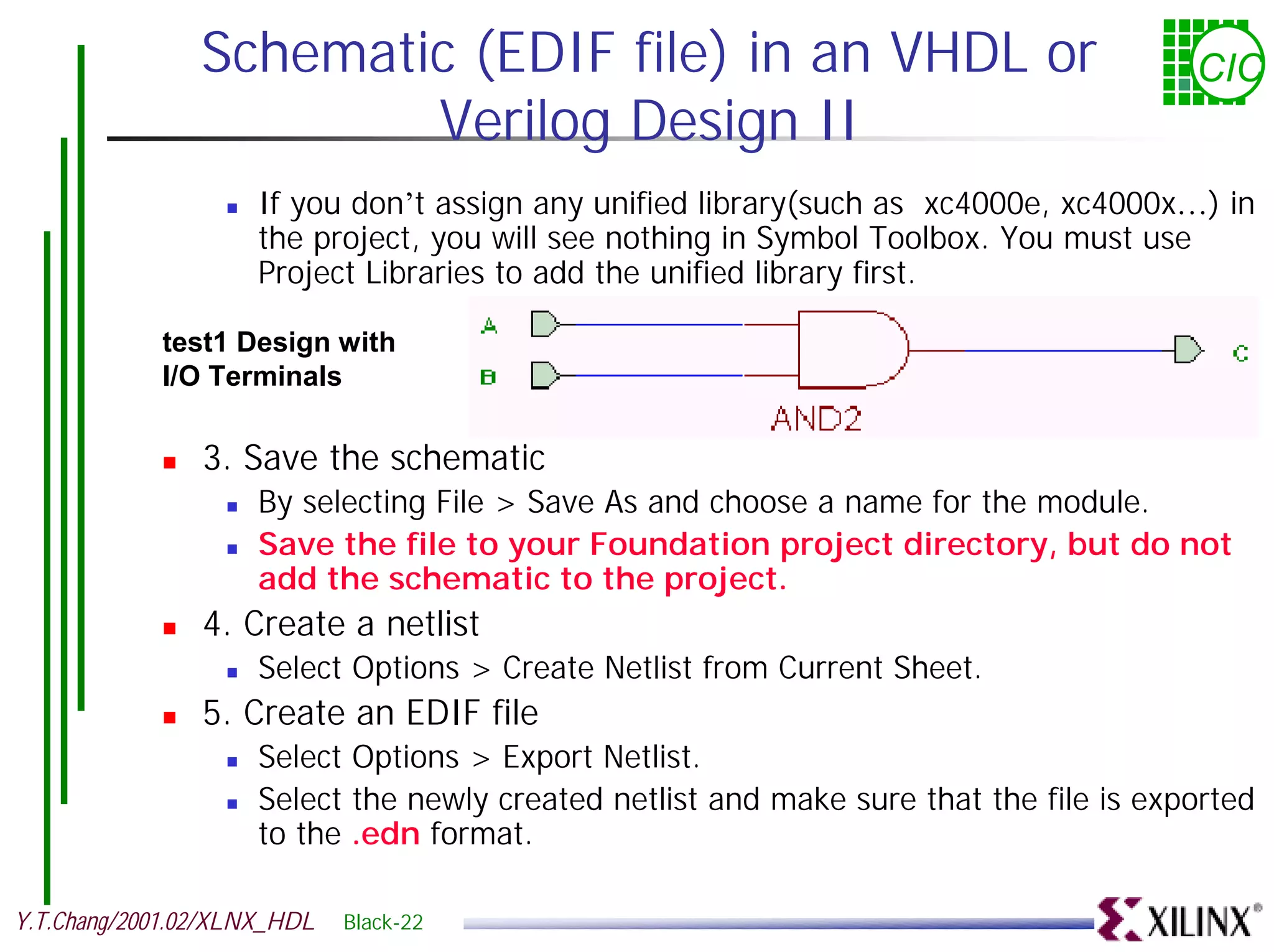Schematic (EDIF file) in an VHDL or CIC Verilog Design II ! If you don’t assign any unified library(such as xc4000e, xc4000x…) in the project, you will see nothing in Symbol Toolbox. You must use Project Libraries to add the unified library first. test1 Design with I/O Terminals ! 3. Save the schematic ! By selecting File > Save As and choose a name for the module. ! Save the file to your Foundation project directory, but do not add the schematic to the project. ! 4. Create a netlist ! Select Options > Create Netlist from Current Sheet. ! 5. Create an EDIF file ! Select Options > Export Netlist. ! Select the newly created netlist and make sure that the file is exported to the .edn format. Y.T.Chang/2001.02/XLNX_HDL Black-22 