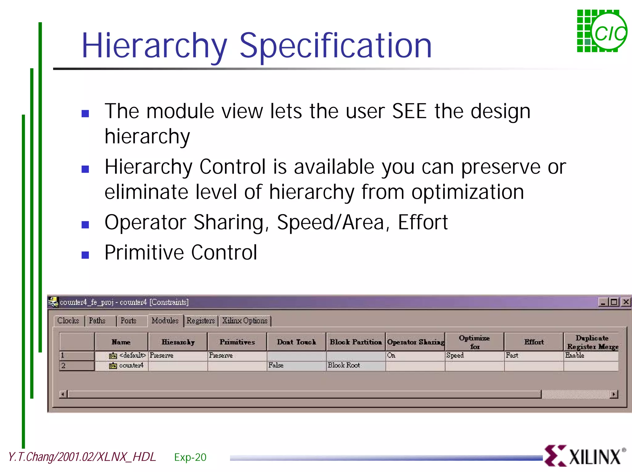 Hierarchy Specification CIC ! The module view lets the user SEE the design hierarchy ! Hierarchy Control is available you can preserve or eliminate level of hierarchy from optimization ! Operator Sharing, Speed/Area, Effort ! Primitive Control Y.T.Chang/2001.02/XLNX_HDL Exp-20 