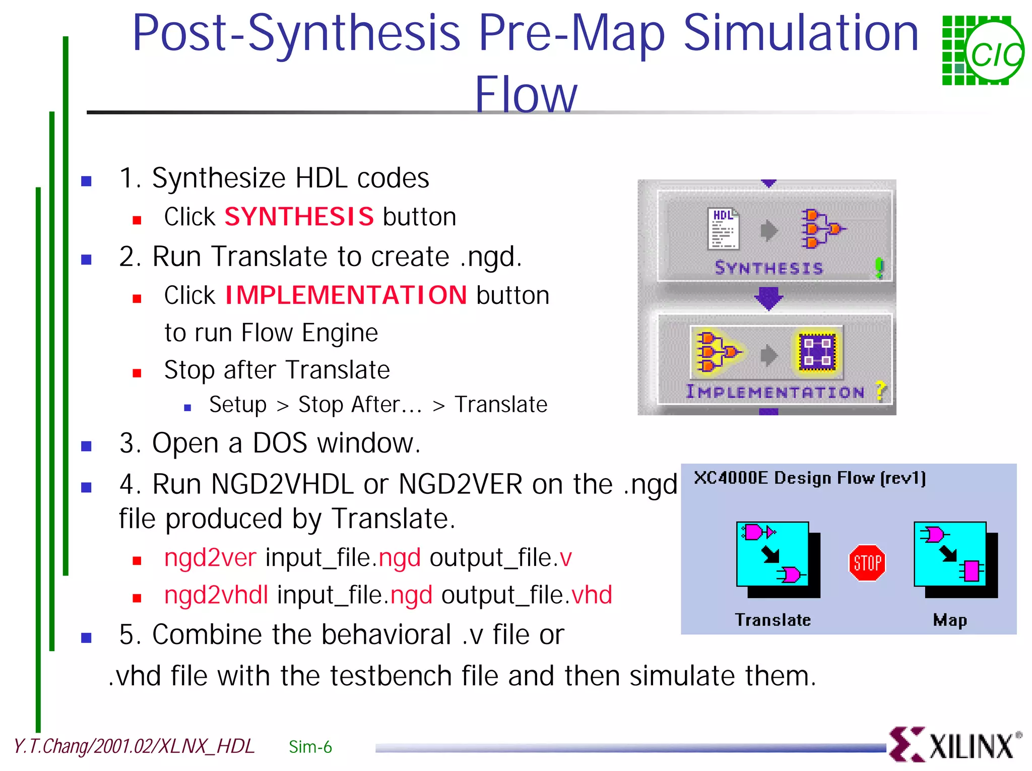 Post-Synthesis Pre-Map Simulation CIC Flow ! 1. Synthesize HDL codes ! Click SYNTHESIS button ! 2. Run Translate to create .ngd. ! Click IMPLEMENTATION button to run Flow Engine ! Stop after Translate ! Setup > Stop After… > Translate ! 3. Open a DOS window. ! 4. Run NGD2VHDL or NGD2VER on the .ngd file produced by Translate. ! ngd2ver input_file.ngd output_file.v ! ngd2vhdl input_file.ngd output_file.vhd ! 5. Combine the behavioral .v file or .vhd file with the testbench file and then simulate them. Y.T.Chang/2001.02/XLNX_HDL Sim-6 