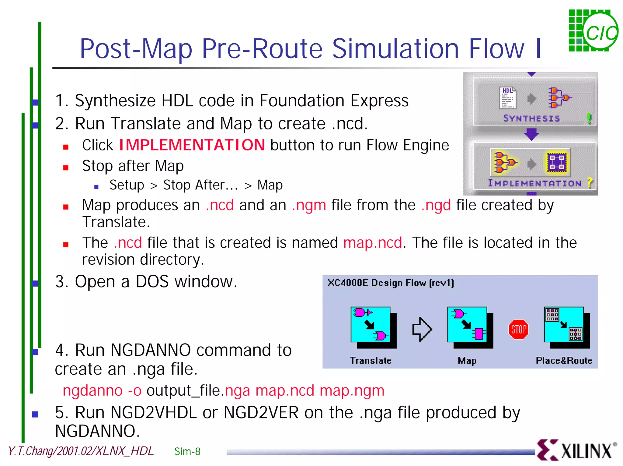 CIC Post-Map Pre-Route Simulation Flow I ! 1. Synthesize HDL code in Foundation Express ! 2. Run Translate and Map to create .ncd. ! Click IMPLEMENTATION button to run Flow Engine ! Stop after Map ! Setup > Stop After… > Map ! Map produces an .ncd and an .ngm file from the .ngd file created by Translate. ! The .ncd file that is created is named map.ncd. The file is located in the revision directory. ! 3. Open a DOS window. ! 4. Run NGDANNO command to create an .nga file. ngdanno -o output_file.nga map.ncd map.ngm ! 5. Run NGD2VHDL or NGD2VER on the .nga file produced by NGDANNO. Y.T.Chang/2001.02/XLNX_HDL Sim-8 