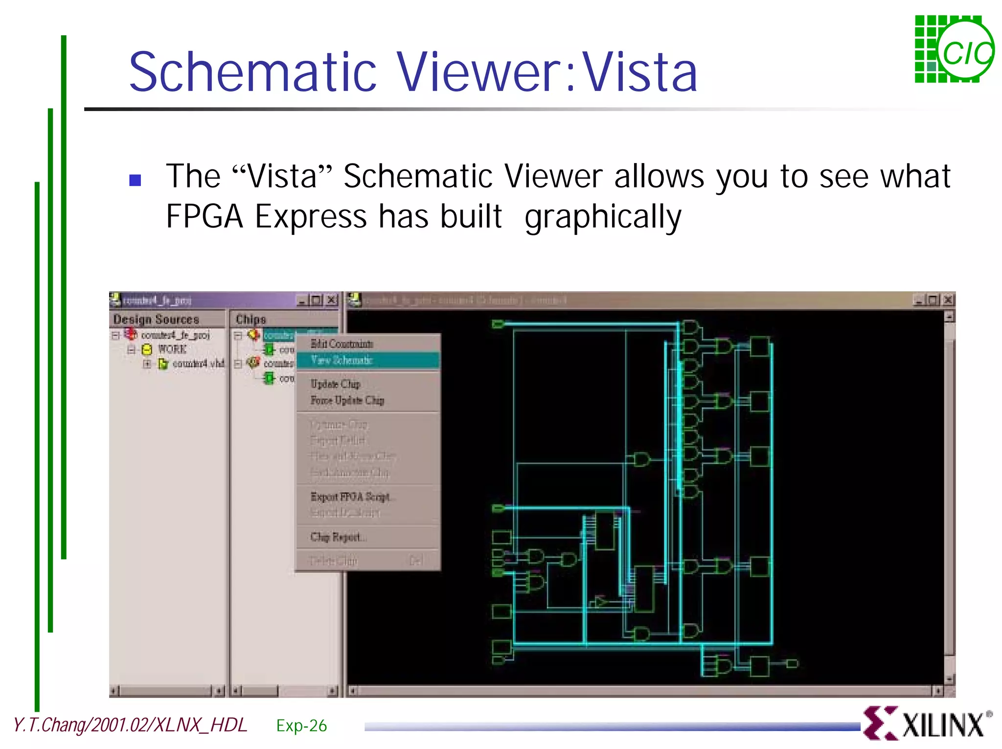 Schematic Viewer:Vista CIC ! The “Vista” Schematic Viewer allows you to see what FPGA Express has built graphically Y.T.Chang/2001.02/XLNX_HDL Exp-26 