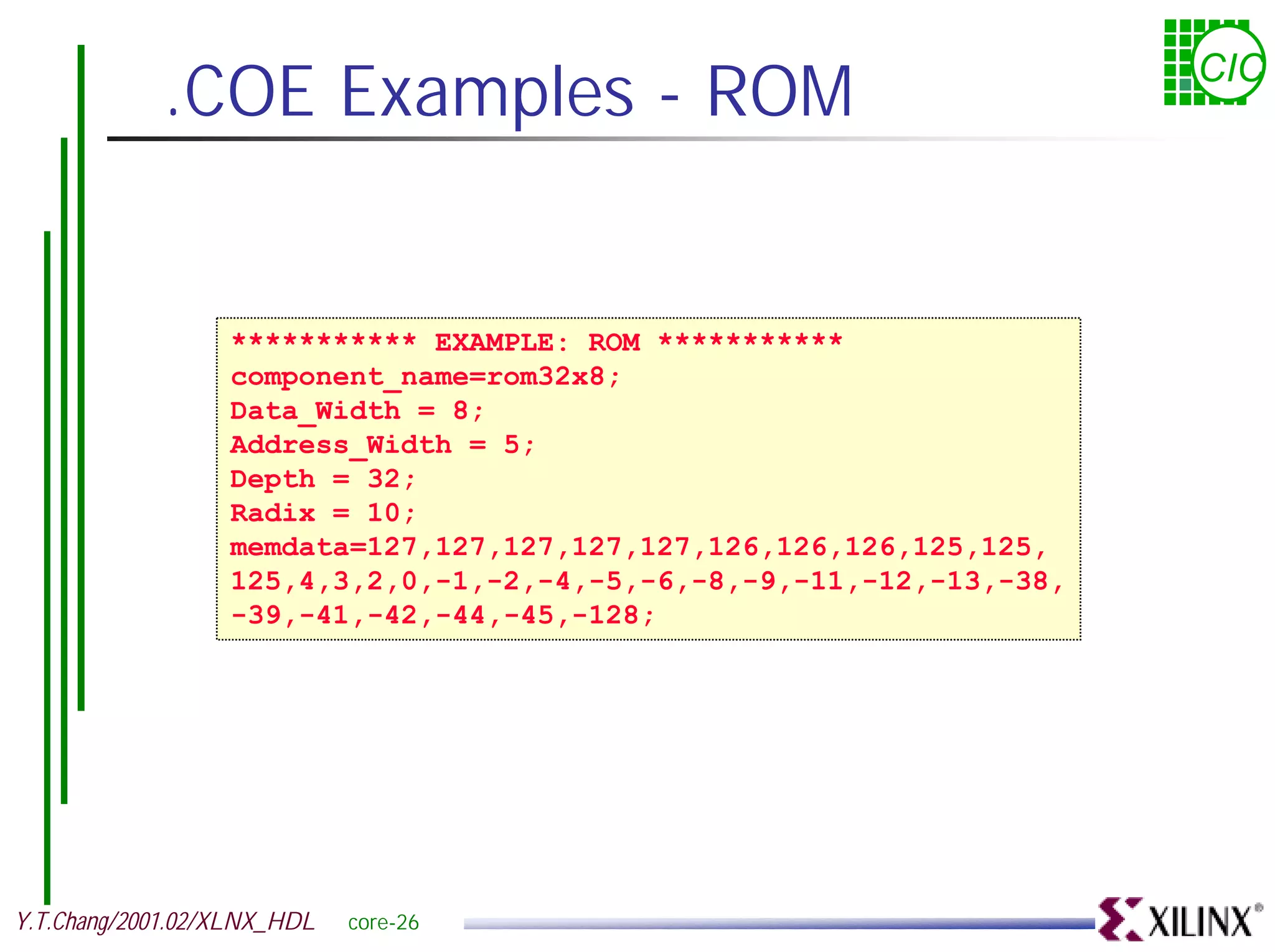 .COE Examples - ROM CIC *********** EXAMPLE: ROM *********** component_name=rom32x8; Data_Width = 8; Address_Width = 5; Depth = 32; Radix = 10; memdata=127,127,127,127,127,126,126,126,125,125, 125,4,3,2,0,-1,-2,-4,-5,-6,-8,-9,-11,-12,-13,-38, -39,-41,-42,-44,-45,-128; Y.T.Chang/2001.02/XLNX_HDL core-26 