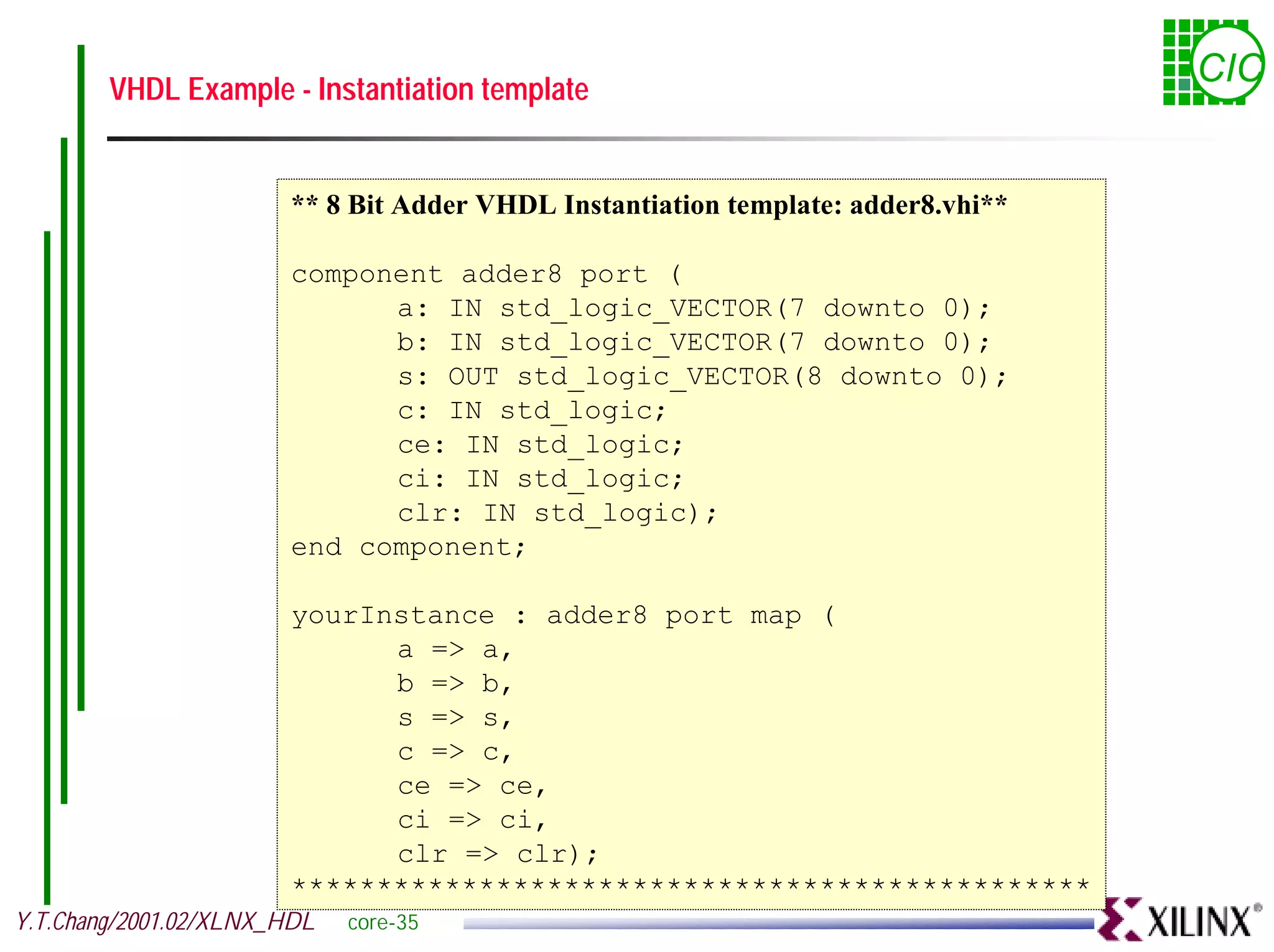 VHDL Example - Instantiation template CIC ** 8 Bit Adder VHDL Instantiation template: adder8.vhi** component adder8 port ( a: IN std_logic_VECTOR(7 downto 0); b: IN std_logic_VECTOR(7 downto 0); s: OUT std_logic_VECTOR(8 downto 0); c: IN std_logic; ce: IN std_logic; ci: IN std_logic; clr: IN std_logic); end component; yourInstance : adder8 port map ( a => a, b => b, s => s, c => c, ce => ce, ci => ci, clr => clr); *********************************************** Y.T.Chang/2001.02/XLNX_HDL core-35 