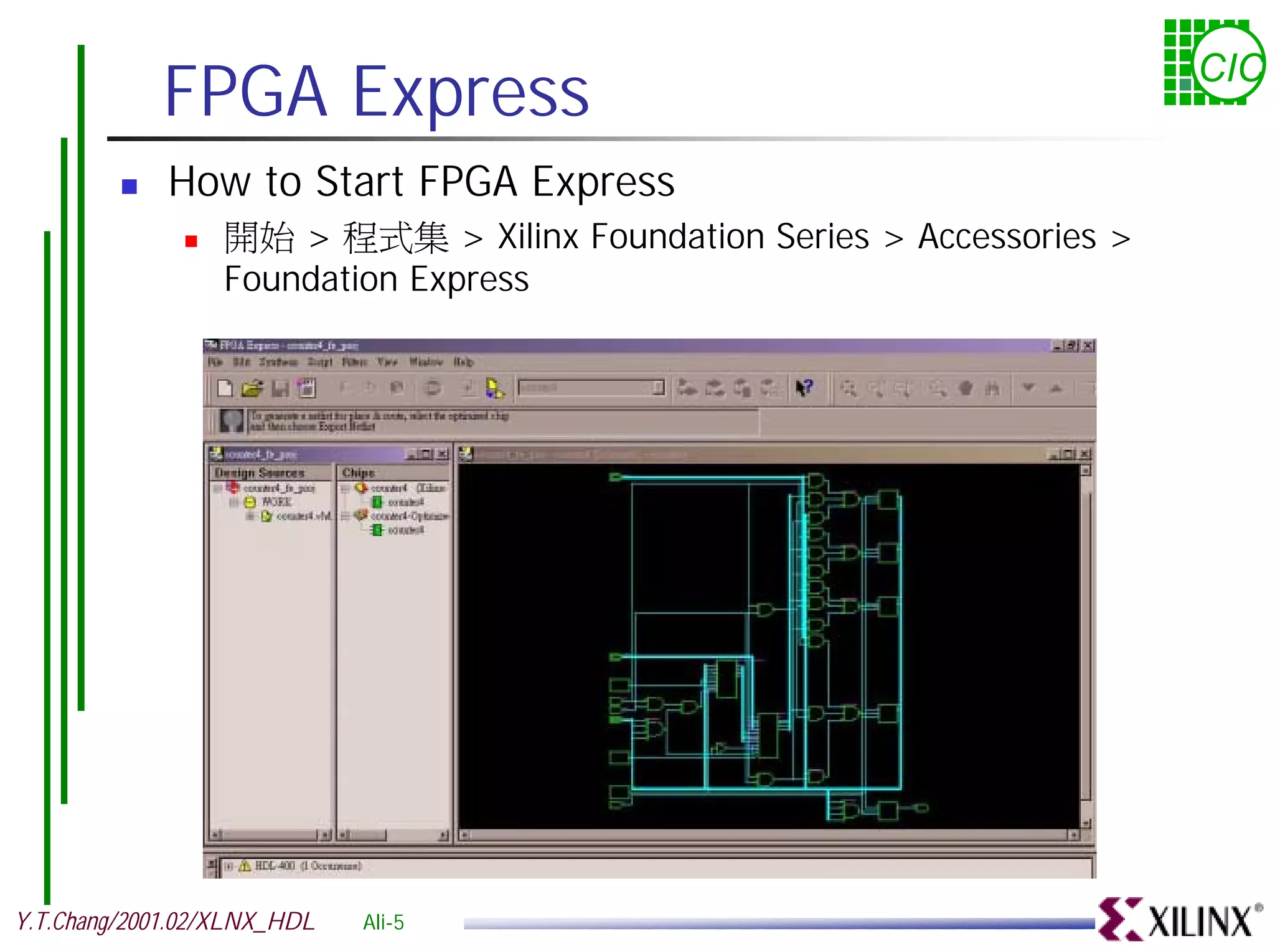 FPGA Express CIC ! How to Start FPGA Express ! 開始 > 程式集 > Xilinx Foundation Series > Accessories > Foundation Express Y.T.Chang/2001.02/XLNX_HDL Ali-5 