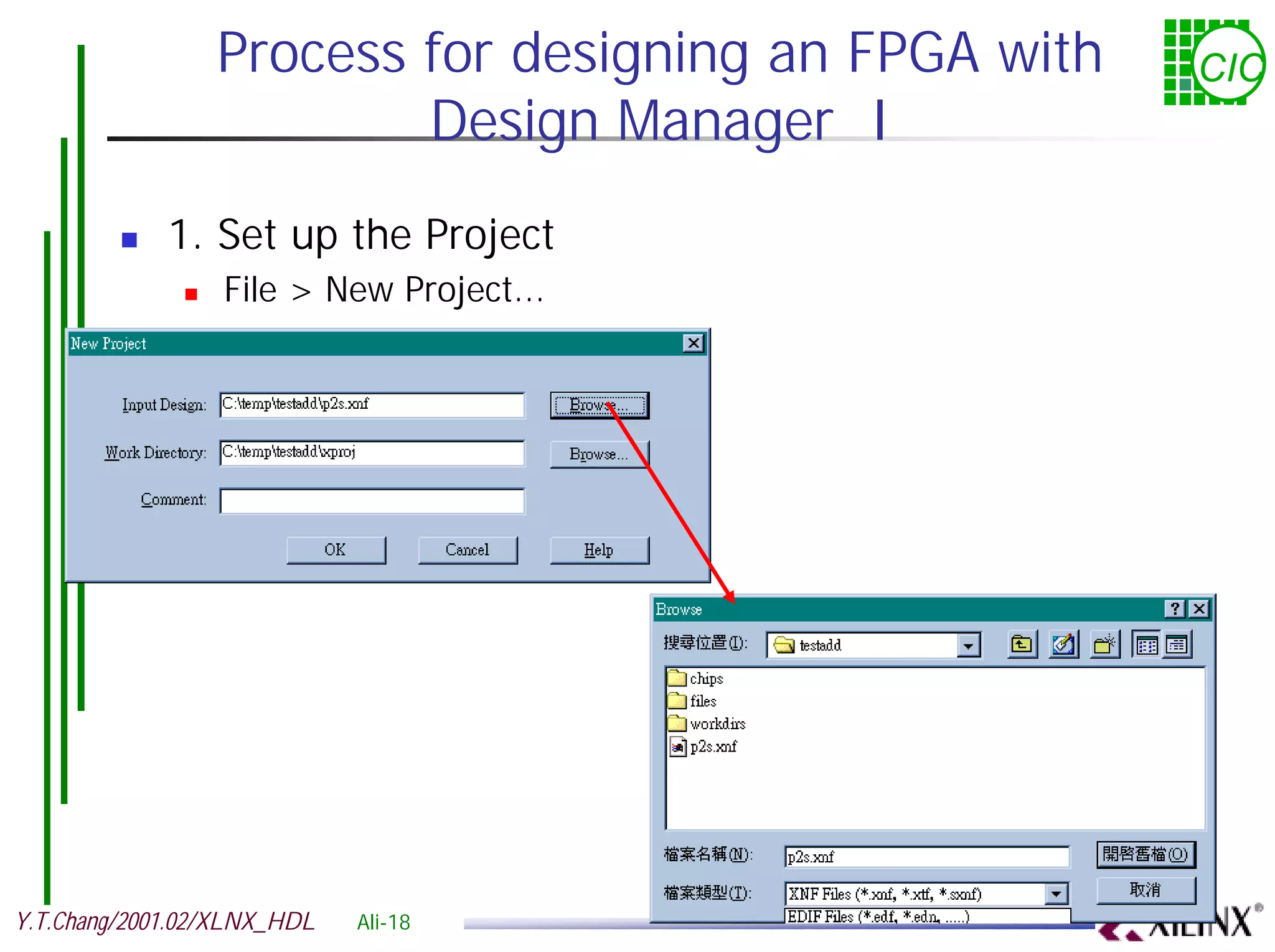 Process for designing an FPGA with CIC Design Manager I ! 1. Set up the Project ! File > New Project... Y.T.Chang/2001.02/XLNX_HDL Ali-18 