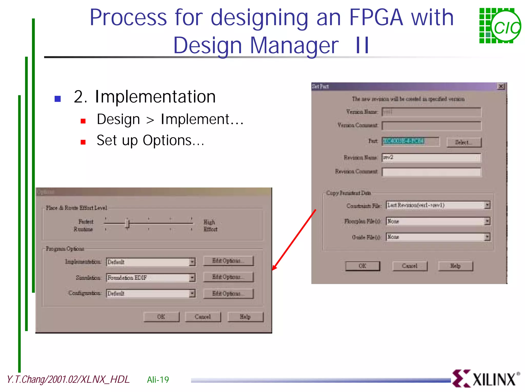 Process for designing an FPGA with CIC Design Manager II ! 2. Implementation ! Design > Implement… ! Set up Options... Y.T.Chang/2001.02/XLNX_HDL Ali-19 