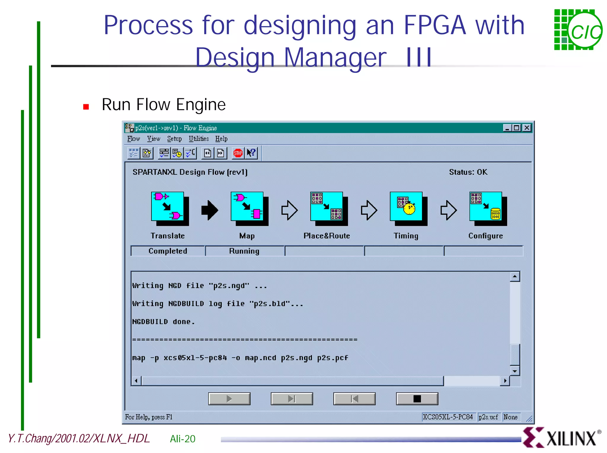 Process for designing an FPGA with CIC Design Manager III ! Run Flow Engine Y.T.Chang/2001.02/XLNX_HDL Ali-20 