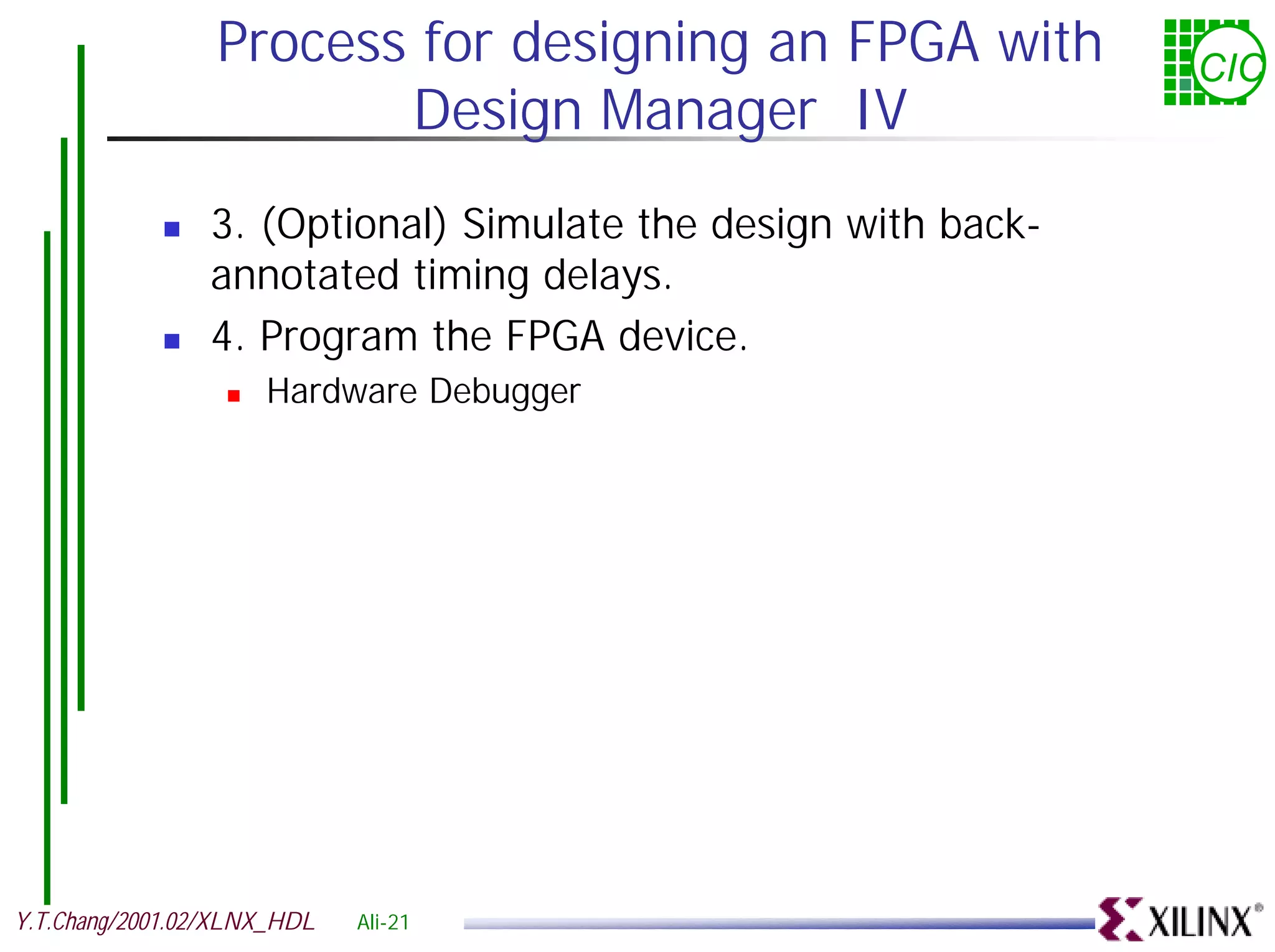 Process for designing an FPGA with CIC Design Manager IV ! 3. (Optional) Simulate the design with back- annotated timing delays. ! 4. Program the FPGA device. ! Hardware Debugger Y.T.Chang/2001.02/XLNX_HDL Ali-21 