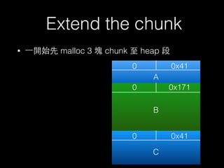 Extend the chunk
• ⼀一開始先 malloc 3 塊 chunk ⾄至 heap 段
0 0x41
0
0
0x171
0x41
A
B
C
 