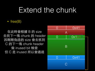 Extend the chunk
• free(B)
0 0x41
0
0
0x1b1
0x41
A
B
C
在此時會根據 B 的 size
去找下⼀一塊 chunk 的 header
因剛剛偽造的 size 會去抓到
C 的下⼀一塊 chunk header
做 inused bit 檢查
但 C 是 inused 所以會通過
 