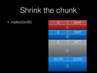 • malloc(0x30)
Shrink the chunk
0 0x41
0
0x170
0x71
0x100
A
C
0 0x91
B
D
 