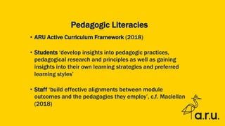 Pedagogic Literacies
• ARU Active Curriculum Framework (2018)
• Students ‘develop insights into pedagogic practices,
pedagogical research and principles as well as gaining
insights into their own learning strategies and preferred
learning styles’
• Staff ‘build effective alignments between module
outcomes and the pedagogies they employ’, c.f. Maclellan
(2018)
 