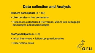 Student participants (n = 83)
• Likert scales + free comments
• Responses categorised (Herrmann, 2017) into pedagogic
advantages and disadvantages
Staff participants (n = 5)
• Initial interviews + follow-up questionnaires
• Observation notes
Data collection and Analysis
 