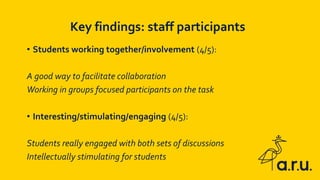 • Students working together/involvement (4/5):
A good way to facilitate collaboration
Working in groups focused participants on the task
• Interesting/stimulating/engaging (4/5):
Students really engaged with both sets of discussions
Intellectually stimulating for students
Key findings: staff participants
 