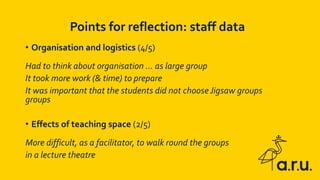 • Organisation and logistics (4/5)
Had to think about organisation … as large group
It took more work (& time) to prepare
It was important that the students did not choose Jigsaw groups
groups
• Effects of teaching space (2/5)
More difficult, as a facilitator, to walk round the groups
in a lecture theatre
Points for reflection: staff data
 