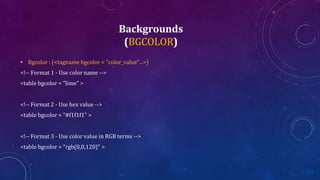 Backgrounds
(BGCOLOR)
• Bgcolor : (<tagname bgcolor = "color_value"...>)
<!-- Format 1 - Use color name -->
<table bgcolor = "lime" >
<!-- Format 2 - Use hex value -->
<table bgcolor = "#f1f1f1" >
<!-- Format 3 - Use color value in RGB terms -->
<table bgcolor = "rgb(0,0,120)" >
 