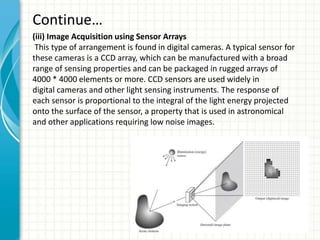 Continue…
(iii) Image Acquisition using Sensor Arrays
This type of arrangement is found in digital cameras. A typical sensor for
these cameras is a CCD array, which can be manufactured with a broad
range of sensing properties and can be packaged in rugged arrays of
4000 * 4000 elements or more. CCD sensors are used widely in
digital cameras and other light sensing instruments. The response of
each sensor is proportional to the integral of the light energy projected
onto the surface of the sensor, a property that is used in astronomical
and other applications requiring low noise images.
 