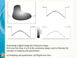 Generating a digital image.(a) Continuous image.
(b)A scan line from A to B in the continuous image, used to illustrate the
concepts of sampling and quantization
(c) Sampling and quantization. (d) Digital scan line.
 