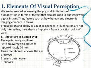 1. Elements Of Visual Perception
We are interested in learning the physical limitations of
human vision in terms of factors that also are used in our work with
digital images.Thus, factors such as how human and electronic
imaging compare in terms
of resolution and ability to adapt to changes in illumination are not
only interesting, they also are important from a practical point of
view.
1.1 Structure of human eye:
The eye is nearly a sphere,
with an average diameter of
approximately 20 mm
Three membranes enclose the eye:
1. cornea
2. sclera outer cover
3. choroid
 