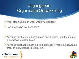 Uitgangspunt Organisatie OntwikkelingWaar staan we nu en waar willen we naartoe?Hoe kunnen we dat bereiken?Advance helpt mens en organisatie hun sterkten te ontdekken en leiderschap te ontwikkelen.Advance biedt een omgeving die het mogelijk maakt de gewenste groei en ontwikkeling te realiseren.