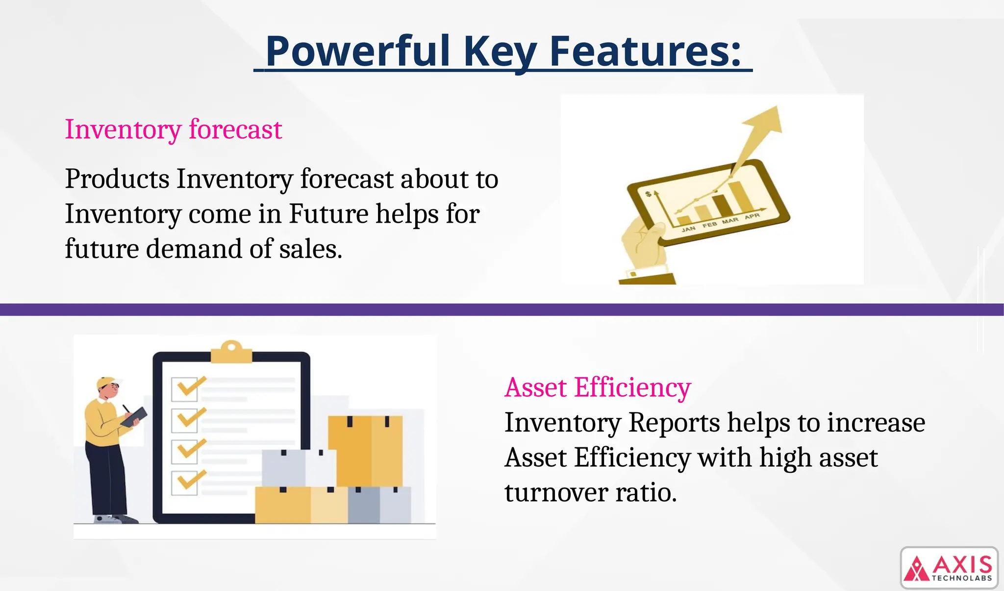 Powerful Key Features:
Inventory forecast
Products Inventory forecast about to
Inventory come in Future helps for
future demand of sales.
Asset Efficiency
Inventory Reports helps to increase
Asset Efficiency with high asset
turnover ratio.
 