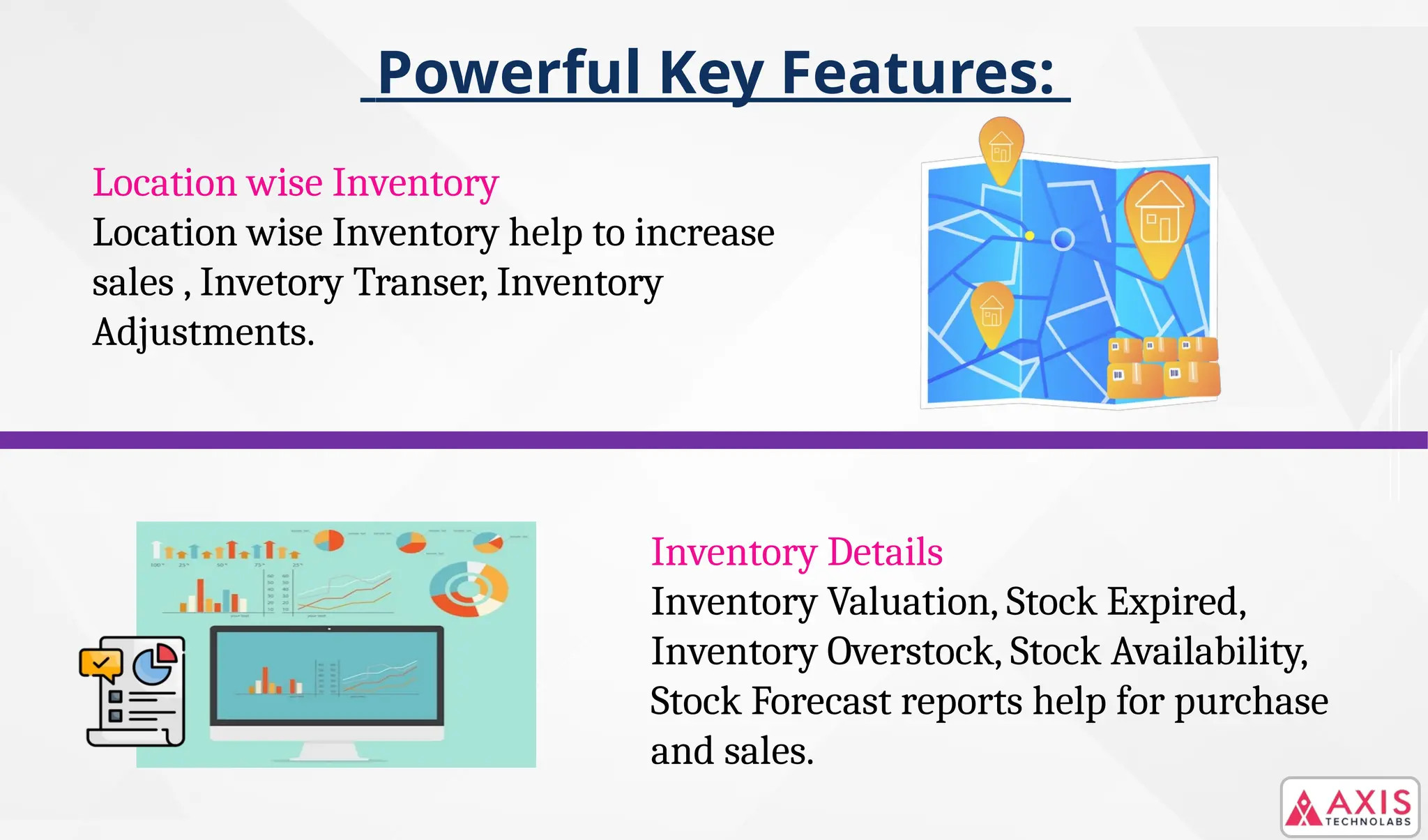 Powerful Key Features:
Location wise Inventory
Location wise Inventory help to increase
sales , Invetory Transer, Inventory
Adjustments.
Inventory Details
Inventory Valuation, Stock Expired,
Inventory Overstock, Stock Availability,
Stock Forecast reports help for purchase
and sales.
 