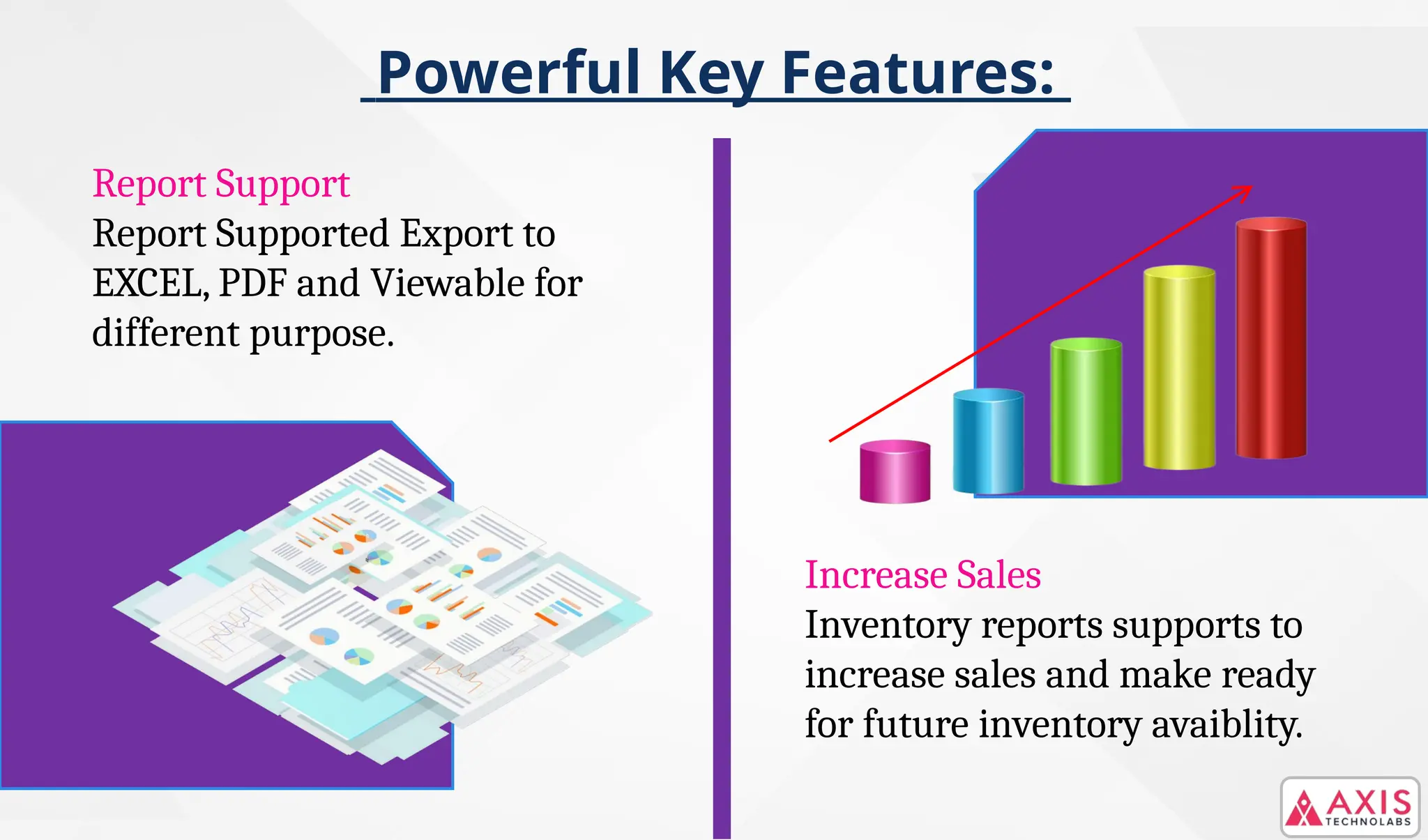 Powerful Key Features:
Report Support
Report Supported Export to
EXCEL, PDF and Viewable for
different purpose.
Increase Sales
Inventory reports supports to
increase sales and make ready
for future inventory avaiblity.
 
