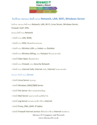 รับปรึกษา ออกแบบ ติดตัง ระบบ Network, LAN, WIFI, Windows Server
                       ้
รับปรึกษา ออกแบบ ติดตัง้ ระบบ Network, LAN, Wi-Fi, Linux Server, Windows Server,
Firewall, VoIP, VPN,

ออกแบบ ติดตัง้ ระบบ Network

- รับติดตัง้ ระบบ LAN, WAN,

- รับติดตัง้ ระบบ VDSL เชื่อมต่อด้ วยสายทองแดง

- รับติดตัง้ ระบบ Wireless LAN แบบ Indoor และ Outdoor

- รับติดตัง้ ระบบ Wireless Billing, ระบบ Hotspot ให้ โรงแรม อพาทเม้ น

- รับติดตัง้ Fiber Optic เชื่อมต่อโครงข่าย

- รับติดตัง้ ระบบ Firewall, ระบบ Security Network

- รับติดตัง้ ระบบ Internet Cafe, Internet หอพัก, Internet โรงแรม อพาทเม้ น

ออกแบบ ติดตัง้ ระบบ Server

- รับติดตัง้ Linux Server ทุกตระกูล

- รับติดตัง้ Windows 2003/2008 Server

- รับติดตัง้ File Server เพื่อความปลอดภัยของข้ อมูล

- รับติดตัง้ Mail Server และสามารถสร้ างเมล์ได้ ไม่จากัด

- รับติดตัง้ Log Server ตรวจสอบประวัติการใช้ งาน Internet

- รับติดตัง้ Proxy, DNS, LDAP, IP tables

- รับติดตัง้ Firewall Internet service เพื่อปองกันการใช้ งาน Internet ของพนักงาน
                                             ้
 