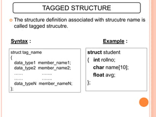  The structure definition associated with strucutre name is
called tagged strucutre.
Syntax : Example :
TAGGED STRUCTURE
struct tag_name
{
data_type1 member_name1;
data_type2 member_name2;
…… …….
…… …….
data_typeN member_nameN;
};
struct student
{ int rollno;
char name[10];
float avg;
};
 