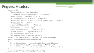 J2EE Enterprise 
Architecture 
Enterprise Request Headers Applications CE00465-M 
out.println( 
"<head><title>Servlet Example: " + 
"Showing Request Headers</title></head>" + 
"<body bgcolor="#B0C4DE ">n" + 
"<h1 align=center>" + title + "</h1>n" + 
"<b>Request Method: </b>" + request.getMethod() + "<br>n" + 
"<b>Request URI: </b>" + 
request.getRequestURI() + "<br>n" + 
"<b>Request Protocol: </b>" + 
request.getProtocol() + "<br><br>n" + 
"<table border=1 align=center>n" + 
"<tr bgcolor=#6495ed">n" + 
"<th>Header Name<th>Header Value"); 
Enumeration headerNames = request.getHeaderNames(); 
while (headerNames.hasMoreElements()) 
{ 
String headerName = (String)headerNames.nextElement(); 
out.println("<tr><td>" + headerName + "</td><td>" ); 
out.println(request.getHeader(headerName) + "</td><td>" ); 
} 
out.println("</table>n</body></html>"); 
} 
 