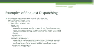 J2EE Enterprise 
Architecture 
Enterprise Applications CE00465-M 
Examples of Request Dispatching 
• oracleconnection is the name of a servlet, 
OracleConnection.java 
▫ Specified in web.xml 
<servlet> 
<servlet-name>oracleconnection</servlet-name> 
<servlet-class>entapps.OracleConnection</servlet-class> 
</servlet> 
<servlet-mapping> 
<servlet-name>oracleconnection</servlet-name> 
<url-pattern>/oracleconnection</url-pattern> 
</servlet-mapping> 
 