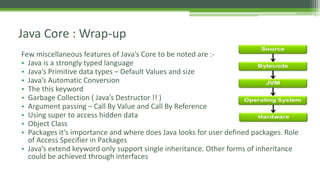 Java Core : Wrap-up 
Few miscellaneous features of Java’s Core to be noted are :- 
• Java is a strongly typed language 
• Java’s Primitive data types – Default Values and size 
• Java’s Automatic Conversion 
• The this keyword 
• Garbage Collection ( Java’s Destructor !! ) 
• Argument passing – Call By Value and Call By Reference 
• Using super to access hidden data 
• Object Class 
• Packages it’s importance and where does Java looks for user defined packages. Role 
of Access Specifier in Packages 
• Java’s extend keyword only support single inheritance. Other forms of inheritance 
could be achieved through interfaces 
 