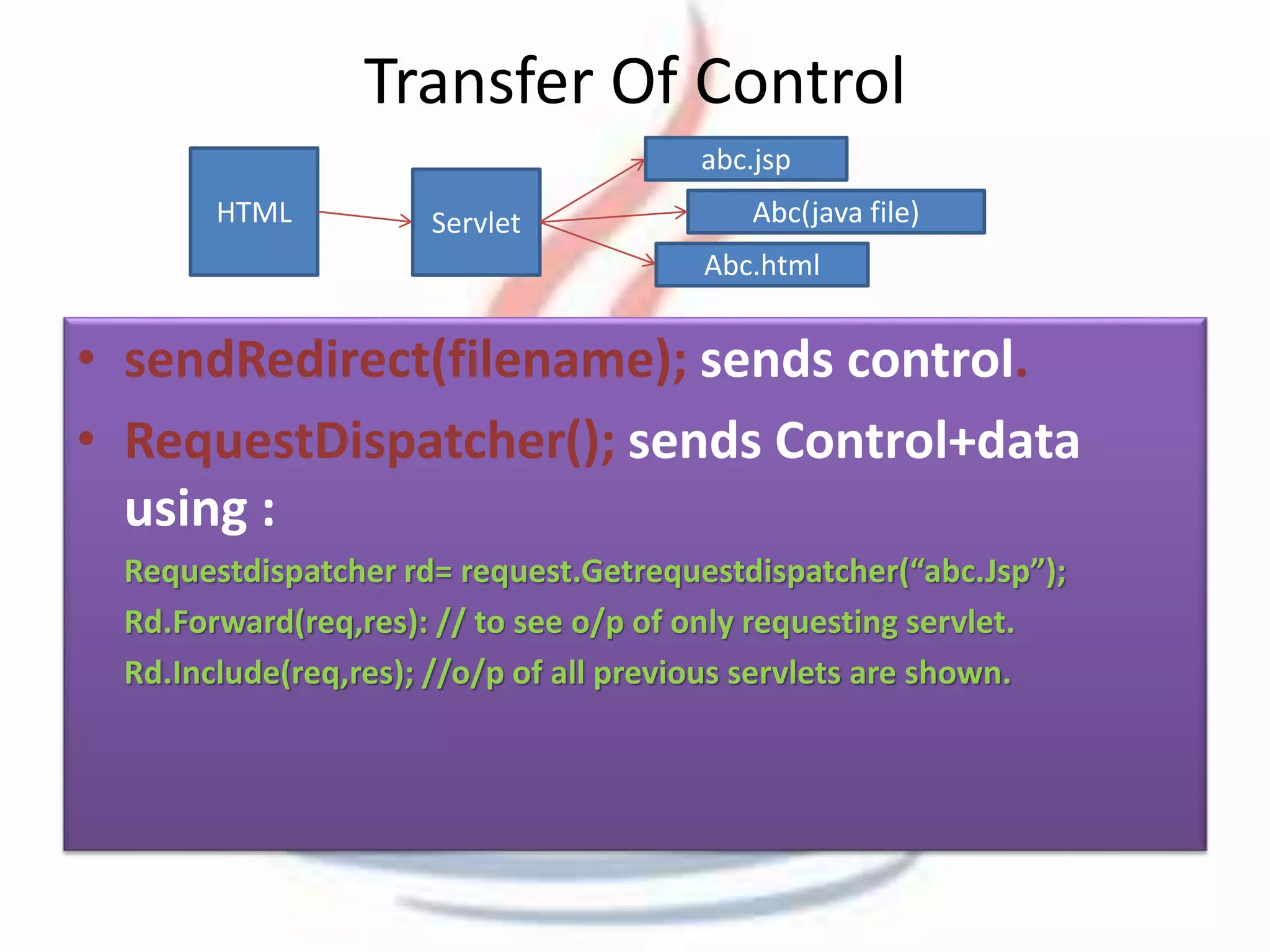 Transfer Of Control 
HTML Servlet 
abc.jsp 
Abc(java file) 
Abc.html 
• sendRedirect(filename); sends control. 
• RequestDispatcher(); sends Control+data 
using : 
Requestdispatcher rd= request.Getrequestdispatcher(“abc.Jsp”); 
Rd.Forward(req,res): // to see o/p of only requesting servlet. 
Rd.Include(req,res); //o/p of all previous servlets are shown. 
 