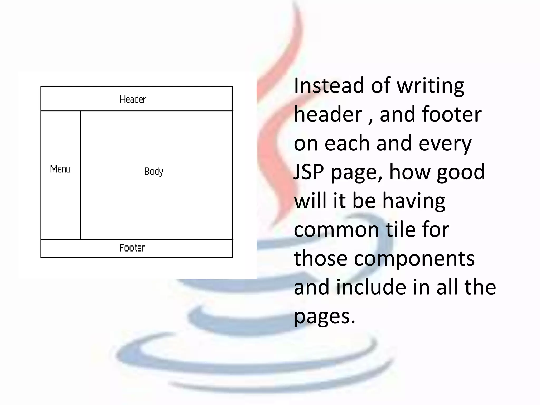 Instead of writing 
header , and footer 
on each and every 
JSP page, how good 
will it be having 
common tile for 
those components 
and include in all the 
pages. 
 