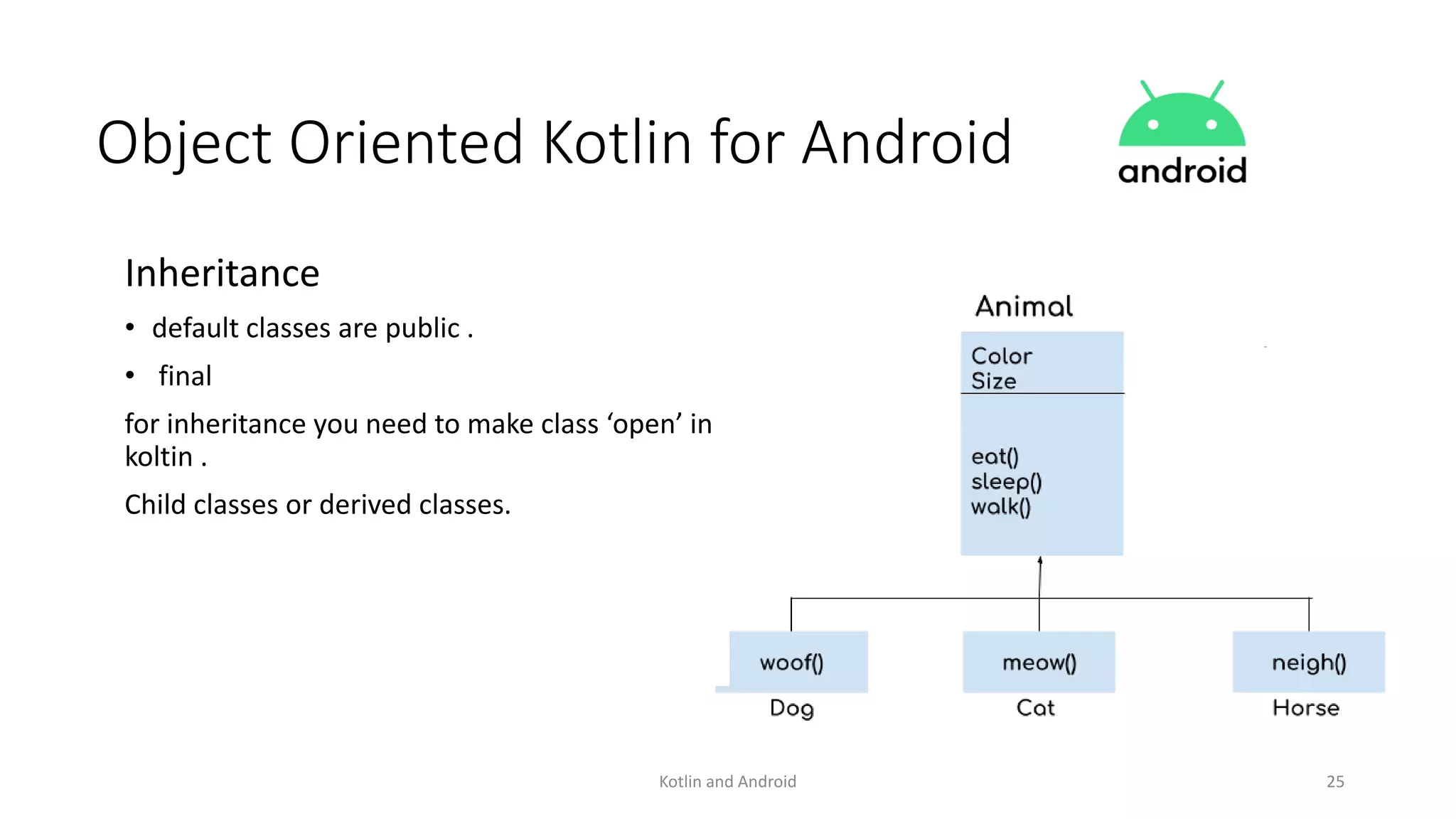 Kotlin and Android 25
Object Oriented Kotlin for Android
Inheritance
• default classes are public .
• final
for inheritance you need to make class ‘open’ in
koltin .
Child classes or derived classes.
 