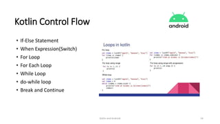 Kotlin and Android 14
Kotlin Control Flow
• If-Else Statement
• When Expression(Switch)
• For Loop
• For Each Loop
• While Loop
• do-while loop
• Break and Continue
 