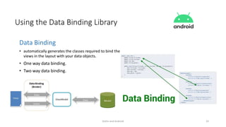 Kotlin and Android 33
Using the Data Binding Library
Data Binding
• automatically generates the classes required to bind the
views in the layout with your data objects.
• One way data binding.
• Two way data binding.
 
