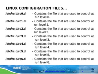 LINUX CONFIGURATION FILES...
/etc/rc.d/rc0.d   - Contains the       file that are used to control at
                     run level 0.
/etc/rc.d/rc1.d   - Contains the       file that are used to control at
                    run level 1.
/etc/rc.d/rc2.d   - Contains the       file that are used to control at
                    run level 2.
/etc/rc.d/rc3.d   - Contains the       file that are used to control at
                     run level 3.
/etc/rc.d/rc4.d   - Contains the       file that are used to control at
                     run level 4.
/etc/rc.d/rc5.d   - Contains the       file that are used to control at
                     run level 5.
/etc/rc.d/rc6.d   - Contains the       file that are used to control at
                     run level 6.

                           Open Technology Centre, Chennai   26
 