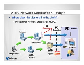 ATSC Network Certification – Why?
• Where does the blame fall in the chain?
   – Programmer, Network, Broadcaster, MVPD?

...