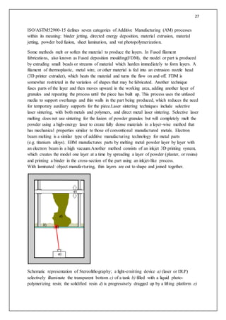 27
ISO/ASTM52900-15 defines seven categories of Additive Manufacturing (AM) processes
within its meaning: binder jetting, directed energy deposition, material extrusion, material
jetting, powder bed fusion, sheet lamination, and vat photopolymerization.
Some methods melt or soften the material to produce the layers. In Fused filament
fabrications, also known as Fused deposition moulding(FDM), the model or part is produced
by extruding small beads or streams of material which harden immediately to form layers. A
filament of thermoplastic, metal wire, or other material is fed into an extrusion nozzle head
(3D printer extruder), which heats the material and turns the flow on and off. FDM is
somewhat restricted in the variation of shapes that may be fabricated. Another technique
fuses parts of the layer and then moves upward in the working area, adding another layer of
granules and repeating the process until the piece has built up. This process uses the unfused
media to support overhangs and thin walls in the part being produced, which reduces the need
for temporary auxiliary supports for the piece.Laser sintering techniques include selective
laser sintering, with both metals and polymers, and direct metal laser sintering. Selective laser
melting does not use sintering for the fusion of powder granules but will completely melt the
powder using a high-energy laser to create fully dense materials in a layer-wise method that
has mechanical properties similar to those of conventional manufactured metals. Electron
beam melting is a similar type of additive manufacturing technology for metal parts
(e.g. titanium alloys). EBM manufactures parts by melting metal powder layer by layer with
an electron beam in a high vacuum.Another method consists of an inkjet 3D printing system,
which creates the model one layer at a time by spreading a layer of powder (plaster, or resins)
and printing a binder in the cross-section of the part using an inkjet-like process.
With laminated object manufavturing, thin layers are cut to shape and joined together.
Schematic representation of Stereolithography; a light-emitting device a) (laser or DLP)
selectively illuminate the transparent bottom c) of a tank b) filled with a liquid photo-
polymerizing resin; the solidified resin d) is progressively dragged up by a lifting platform e)
 