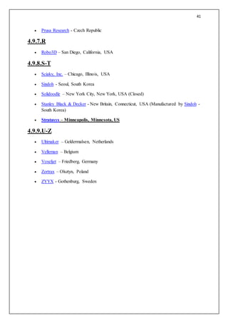 41
 Prusa Research - Czech Republic
4.9.7.R
 Robo3D – San Diego, California, USA
4.9.8.S-T
 Sciaky, Inc. – Chicago, Illinois, USA
 Sindoh - Seoul, South Korea
 Solidoodle – New York City, New York, USA (Closed)
 Stanley Black & Decker - New Britain, Connecticut, USA (Manufactured by Sindoh -
South Korea)
 Stratasys – Minneapolis, Minnesota, US
4.9.9.U-Z
 Ultimaker – Geldermalsen, Netherlands
 Velleman – Belgium
 Voxeljet – Friedberg, Germany
 Zortrax – Olsztyn, Poland
 ZYYX - Gothenburg, Sweden
 